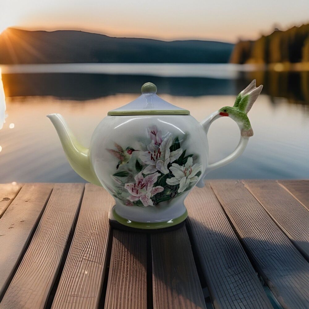 Teleflora Hummingbird and Lillies Teapot By Lena Liu Porcelain Tea Pot w/ Lid